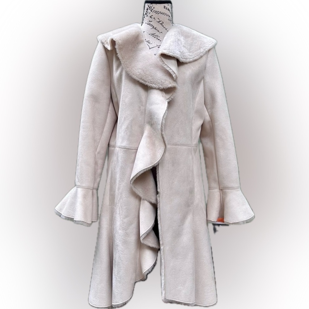 Terry Lewis longline coat faux suede & fur lined bell sleeves cascading ruffled